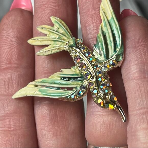 Vintage Sparkling AB Crystal Green and Gold Enamel Bird Brooch D3 - Picture 3 of 7